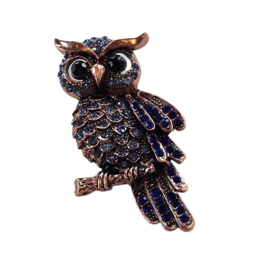 Owl Blue Rhinestone Rose Gold Metal Brooch Pin